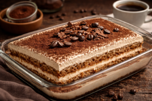 Eggless tiramisu cake in a glass dish with layers of coffee-soaked sponge, creamy mascarpone filling, and cocoa powder topping