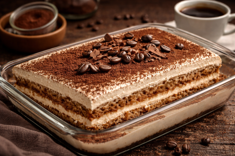 Eggless tiramisu cake in a glass dish with layers of coffee-soaked sponge, creamy mascarpone filling, and cocoa powder topping