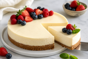 Creamy baked cheesecake with a biscuit crust, topped with fresh strawberries, blueberries and raspberries, with a slice being served on a plate.