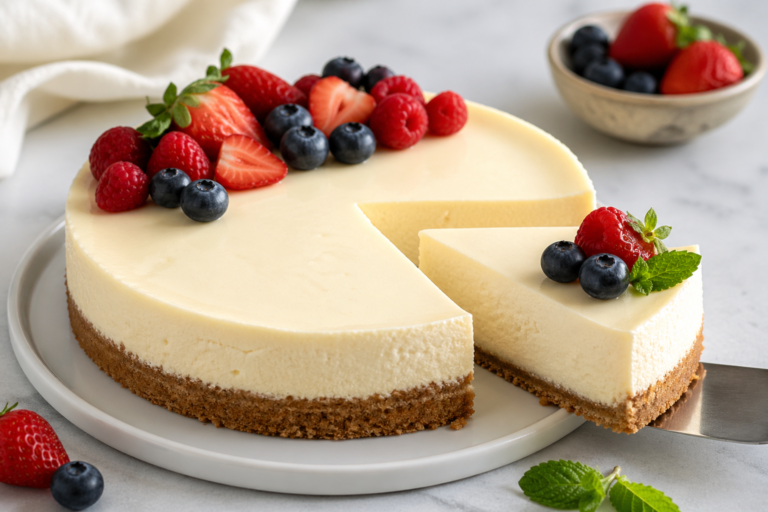 Creamy baked cheesecake with a biscuit crust, topped with fresh strawberries, blueberries and raspberries, with a slice being served on a plate.