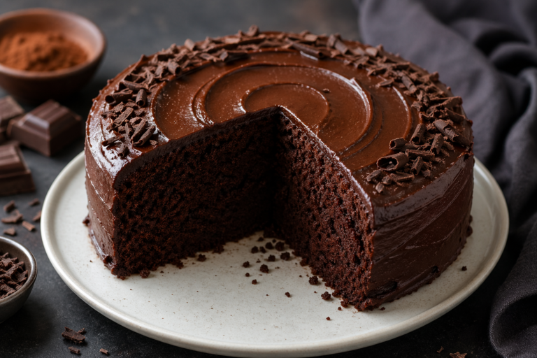 Moist eggless chocolate cake with glossy chocolate frosting and a slice cut out, placed on a white plate with chocolate shavings on top.